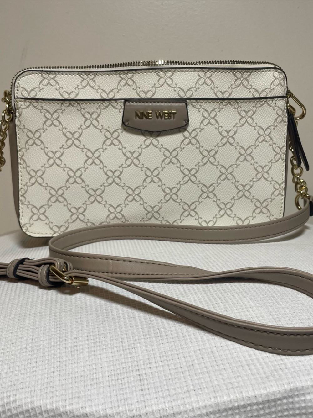 Nine West White & Taupe Crossbody with Logo Pattern